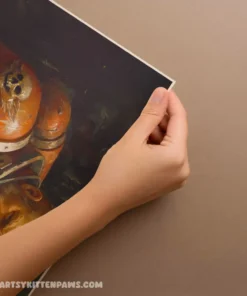 Close-up of a hand holding vibrant warrior artwork, emphasizing art appreciation and detail.