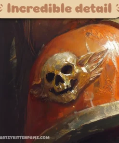 Detailed close-up of Warhammer 40k Space Marine skull armor, featuring gold and orange tones.