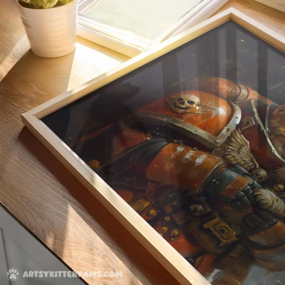 Framed warrior artwork with vibrant orange armor on a wooden table, illuminated by sunlight.