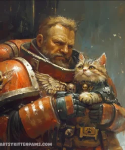 Lord Commander from Warhammer 40K holds a cat, blending humor with sci-fi strength.