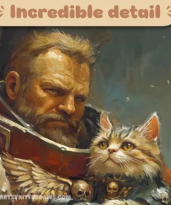 Rugged space marine warrior and playful cat share a moment of companionship and resilience.
