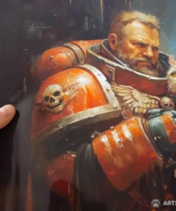 Space marine in vibrant red armor gently holds a fluffy cat, showcasing strength and affection.