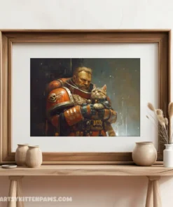 Warrior in armor holds cat, blending strength and tenderness in vibrant illustration.