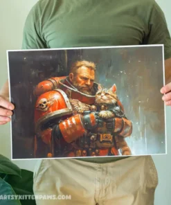 Warhammer 40k poster showing a space marine in red and gold armor holds a cat, showcasing strength and tenderness.