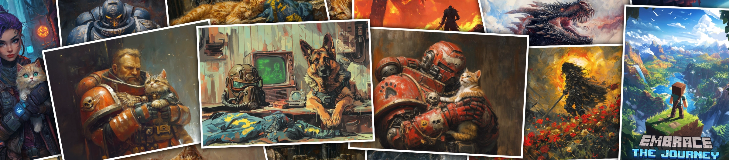 a collage Warhammer 40k, Fallout, Elden Ring and Minecraft posters showing a Space Marine and other heros