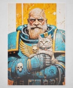 Blue Space Marine Guarding Cat Poster – Warhammer Illustration Wall Art Poster