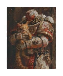 Epic Warhammer 40K Space Marine and Cat Oil Painting: Rustic Gamer Aesthetic Art